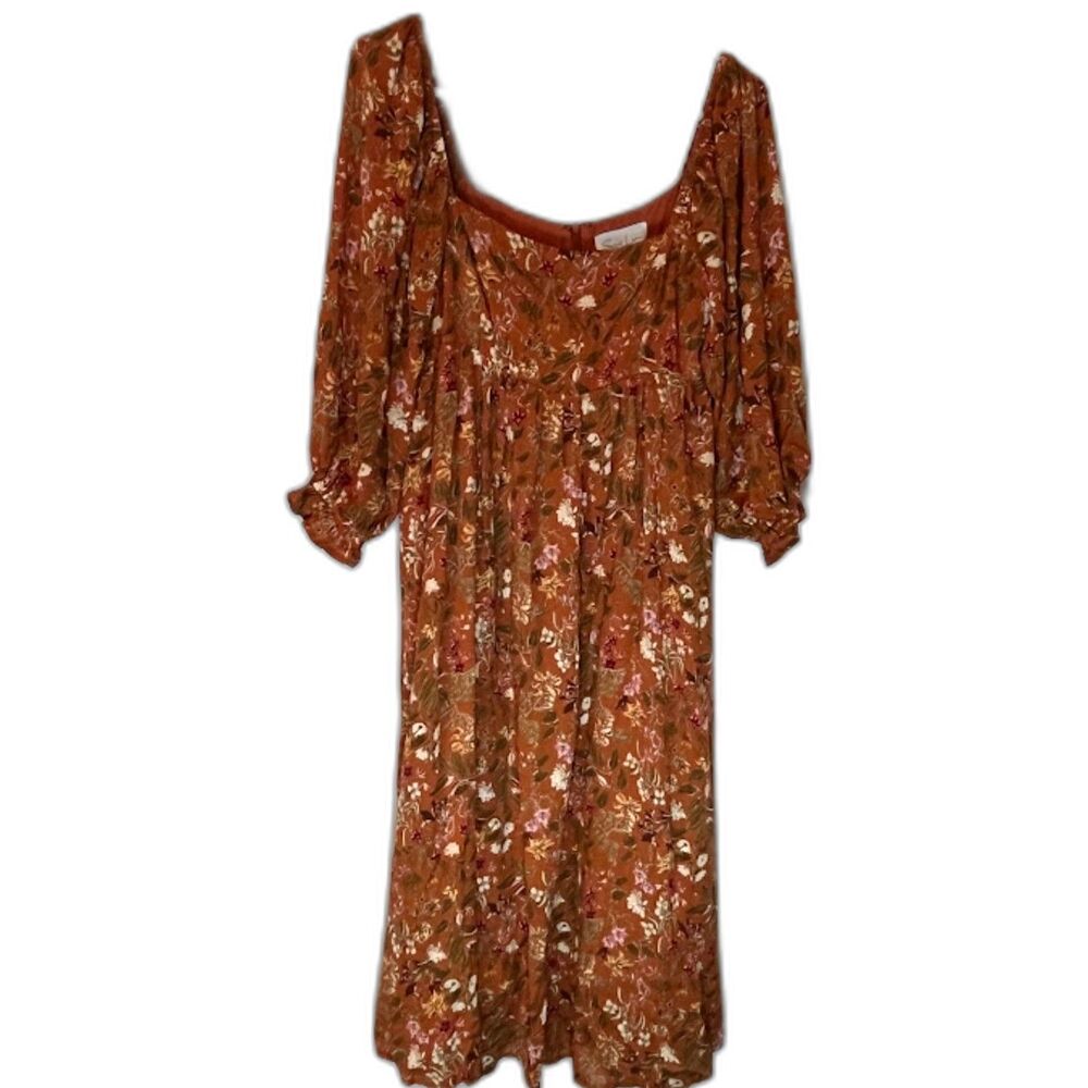 Sweet Lemon Cottagecore Bohochic Orange Floral Print Midi Lined Ruffle Dress M